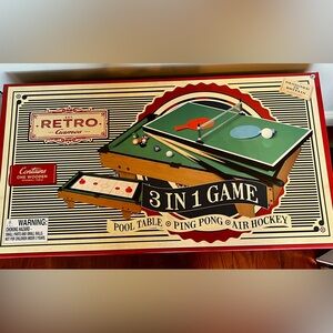 Retro Games: 3 in 1 Games. Pool Table, Ping Pong & Air Hockey. Wooden Stand.